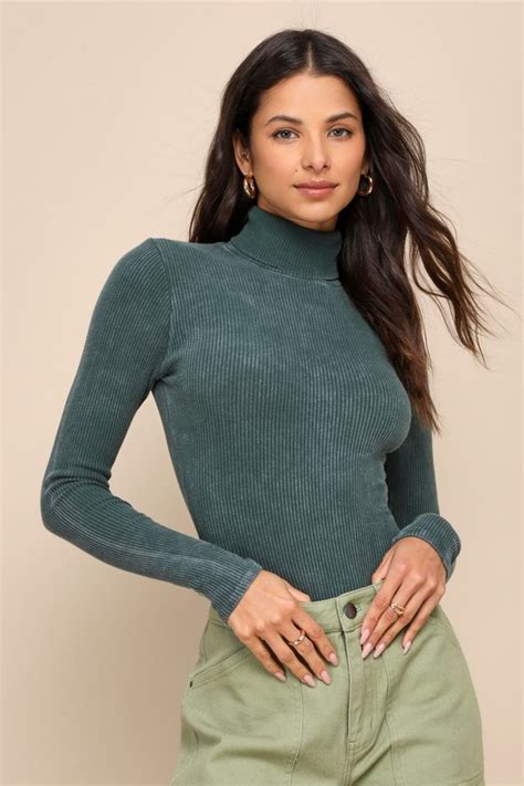 Washed Green Bodysuit Turtleneck Top Ribbed Knit Bodysuit Lulus