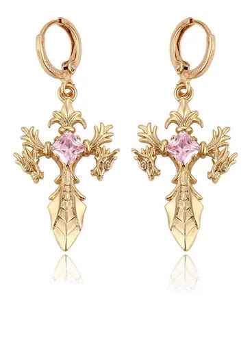 Aretes Oro 18k Lam Cruz Flecha Zirconia Rosa Regalo Mujer Meses Sin