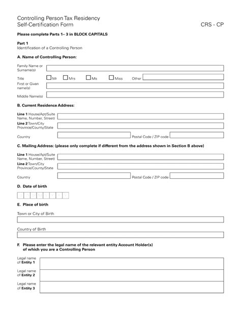 Fillable Online Crs Controlling Person Self Certification Form Fax Email Print Pdffiller