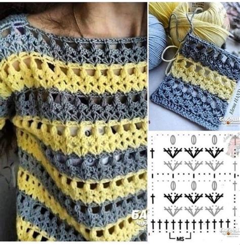 Crocheted Sweater With Yellow And Gray Stripes