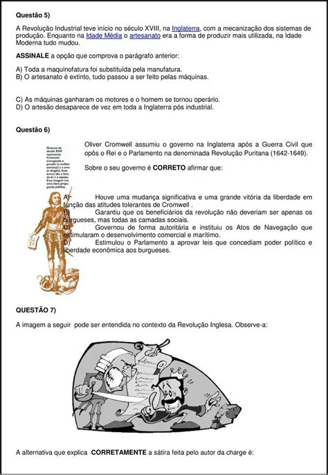 Exercícios Revolução Inglesa 8 Ano - NAZAEDU