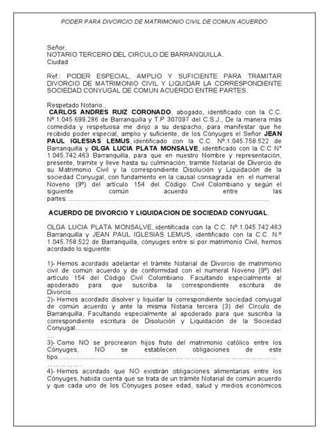 Poder De Divorcio Pdf Divorcio Propiedad De La Comunidad