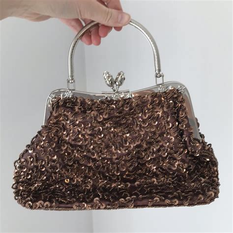 Brown And Gold Sequin Flower Floral Chomel Bag With Depop