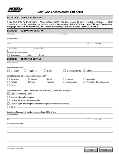 Ca Dmv Form Adm Language Access Complaint Form Forms Docs