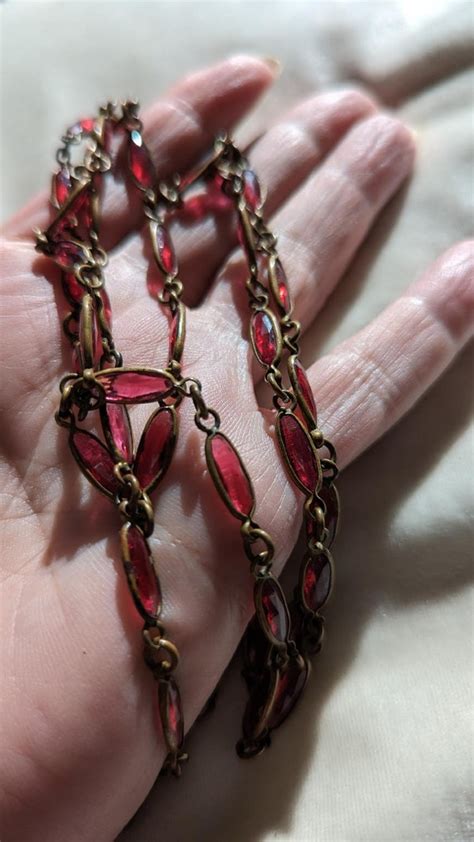 Rare Czech Brass And Red Glass Chain Necklace Gem