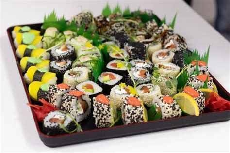 Sushi, Japanese Cuisine. Various Types of Sushi on a Platter Stock ...