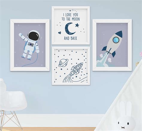 Quadro Infantil Bebê Menino Espaço Astronauta Foguete Kit 4 Peças