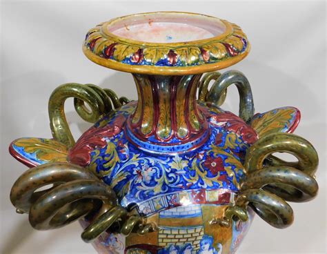 Monumental Circa Italian Majolica Ceramic Urn Shaped Vase For Sale