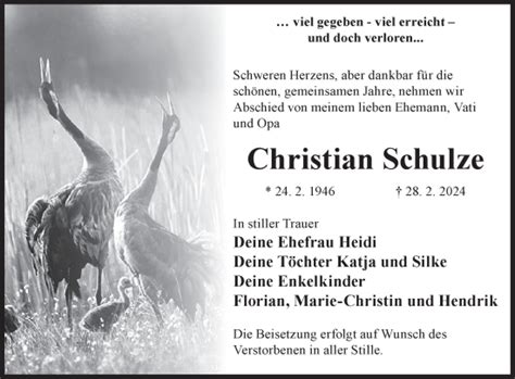 Traueranzeigen Von Christian Schulze Lr Online Trauer De