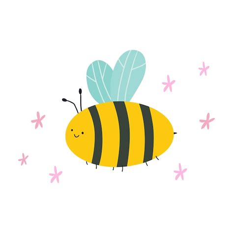 Premium Vector Cute Cartoon Bee With Flowers Vector Flat Illustration