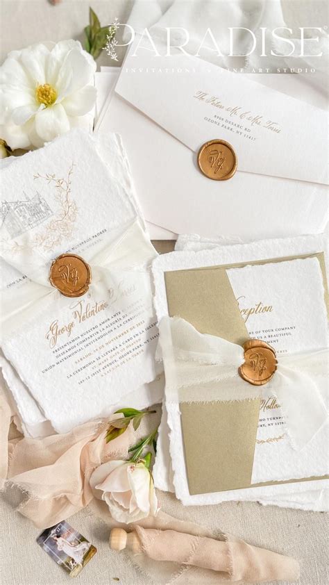 Handmade Paper Wedding Invitations Golden Leaf Envelopes Silk Ribbons