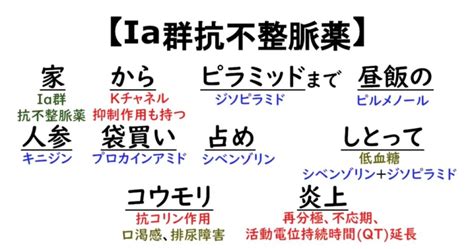 薬理学 ゴロ Ia群 抗不整脈薬 Naチャネル遮断薬 の語呂合わせ ゴリ薬