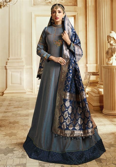 Buy Grey Barfi Silk Indian Wedding Anarkali In Uk Usa And Canada