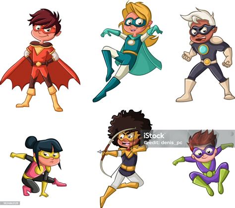 Cartoon Children Superheroes In Colorfull Comic Costumes Stock Illustration - Download Image Now ...