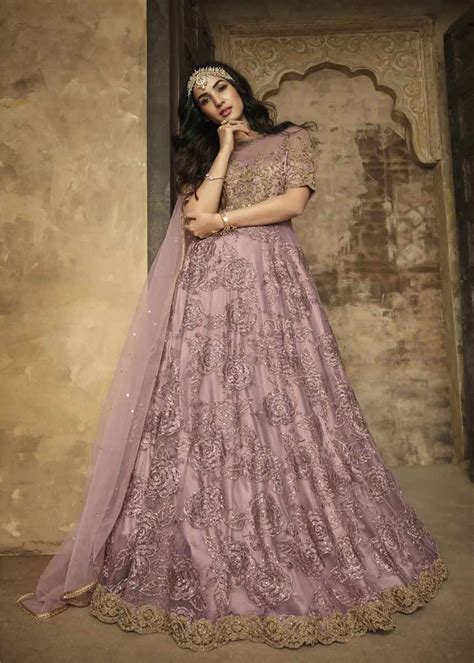 Light Purple Color Floral Embroidered Net Designer Anarkali Dress