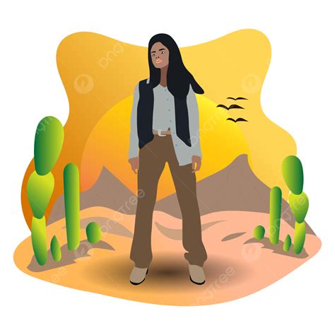 Una Chica De Viaje En El Arte Vectorial Del Desierto Png Viajar Turista Desierto Png Y