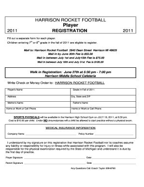 Fillable Online Rocket Football Player Registration Form Harrison