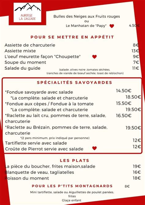 Carta Del Pub Y Bar Auberge La Cascade Avrieux