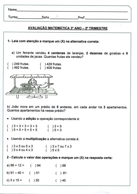 Prova Do 3 Ano De Matematica - Arquivo para Avaliação de Matemática 3º Ano · Alfabetização Blog