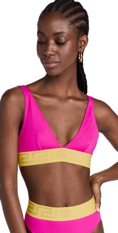 Versace Greek Monogram Triangle Bikini Top In Fuchsia Modesens