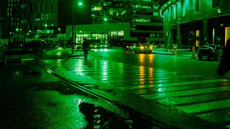 Green Lights Road Buildings Vehicles During Nighttime HD Green ...