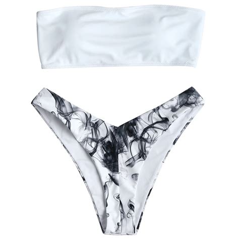 Abstract Print Bandeau Bikini Set Strapless High Leg Cut Bikini