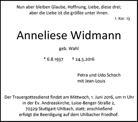 Traueranzeigen Von Anneliese Widmann Stuttgart Gedenkt De