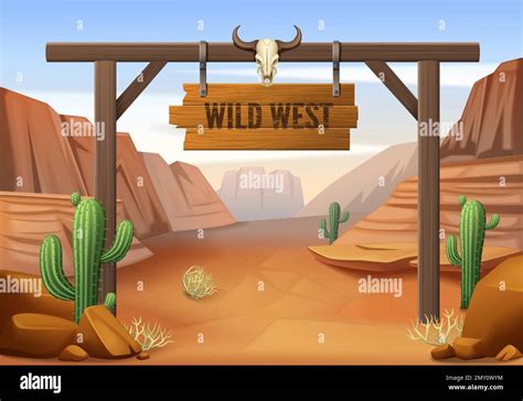 Wild West Cartoon Composition With Outdoor Scenery Cacti Trees And