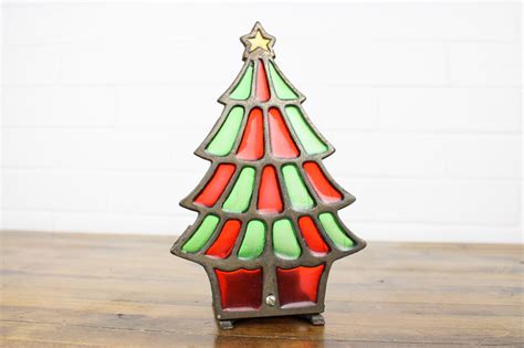 Vintage Stained Glass Christmas Tree Candle Holder In Cast Etsy