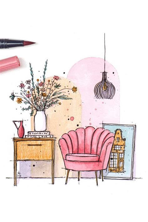 A Drawing Of A Living Room With Pink Furniture And Flowers In Vases On