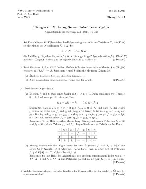 Übungen zur Vorlesung Geometrische lineare Algebra