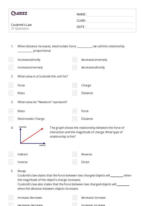 Coulombs Law And Electric Force Worksheets For Th Grade On Quizizz