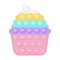 A Pink Cupcake With Yellow And Blue Frosting On It S Icing Tray