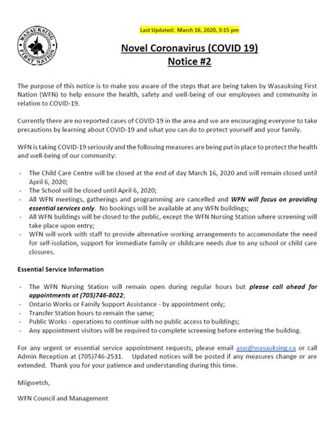 COVID 19 Wasauksing First Nation Notice 2 Wasauksing First Nation