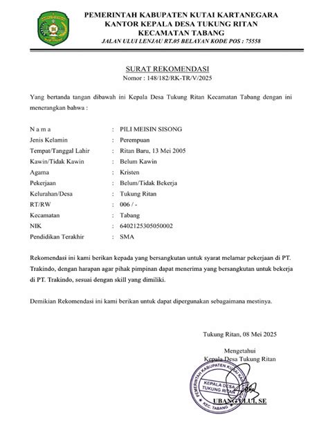 surat rekomendasi  pt trakindo