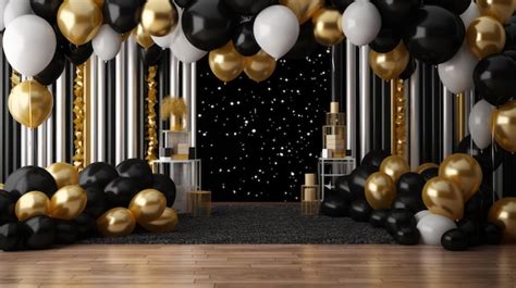 A black and white party backdrop with black and white balloons and a ...