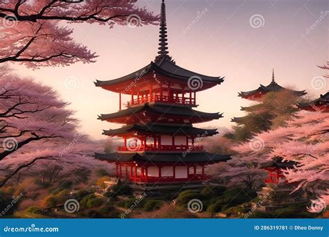 Japanese Pagoda Surrounded By Blooming Cherry Blossoms Stock