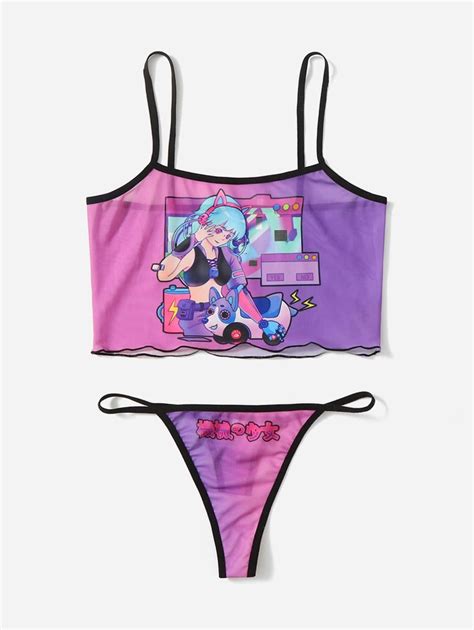 ROMWE Anime Cartoon Graphic Contrast Binding Mesh Lingerie Set SHEIN USA