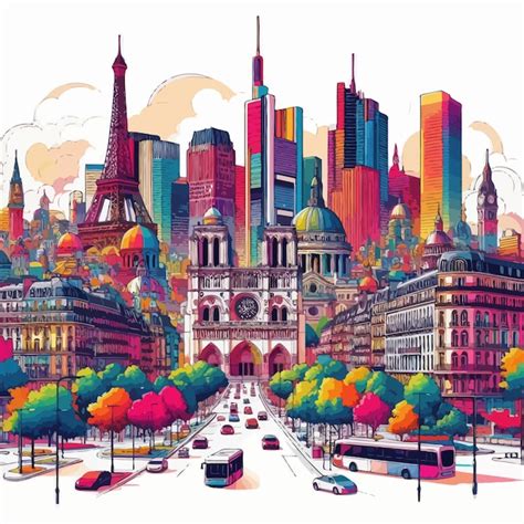 Un Dibujo De Una Ciudad Con Un Paisaje Urbano Colorido En El Fondo