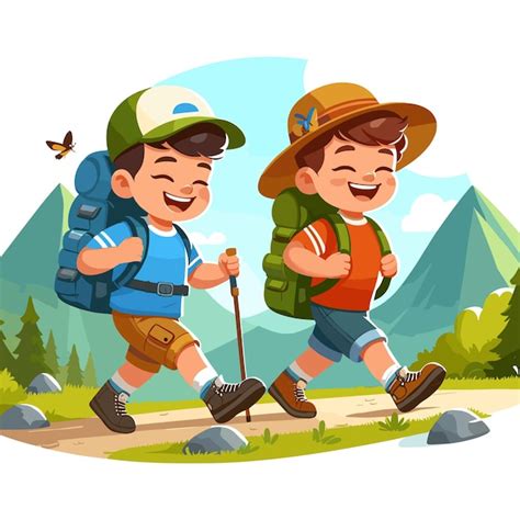 Dos niños caminando con mochila y niños sonrientes con sombrero y