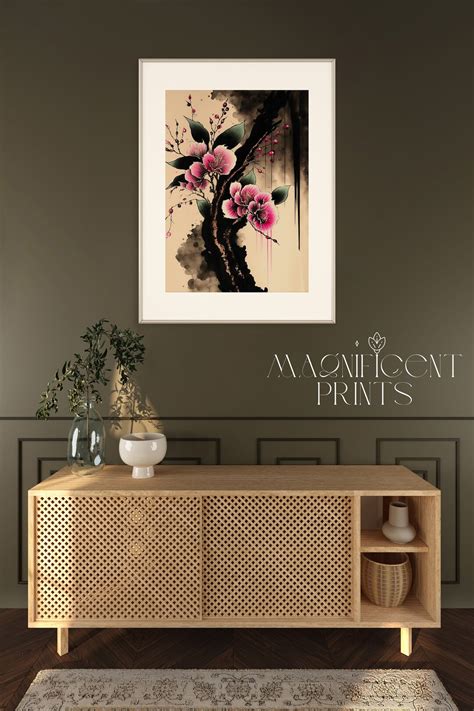 Pink Flowers Cherry Blossom Japanese Ink Brush Painting Digital Art ...