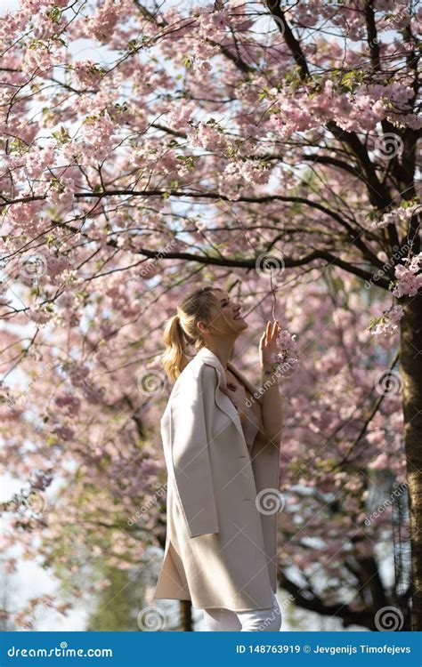 Beautiful Blonde Young Woman In Sakura Cherry Blossom Park In Spring Enjoying Nature And Free