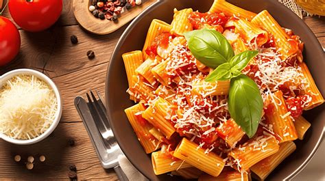 Rigatoni Pasta With Tomato Sauce And Cheese Background Background Basil Bolognese Background