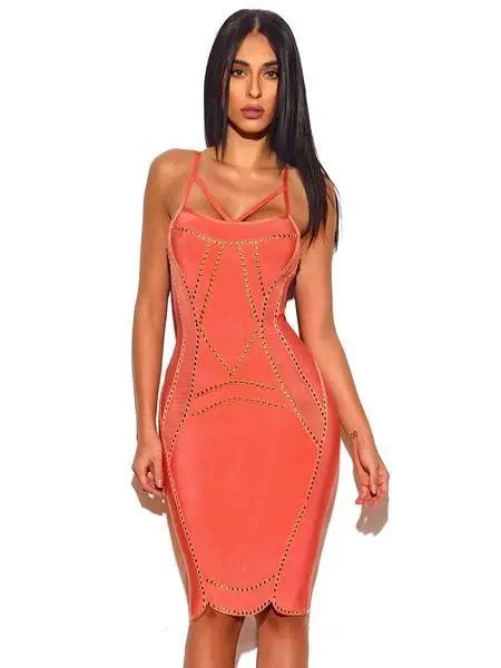 Shine Beauty High Quality Women Dress Strap Beading Jacinth Nude Solid Knee Length Bandage Dress