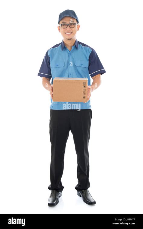 Delivery Person Delivering Package Smiling Happy In Blue Uniform