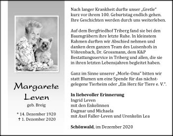 Traueranzeigen Von Margarete Leven Schwarzw Lder Bote Trauer