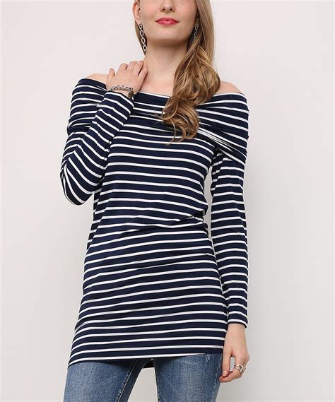 Look At This Suzanne Betro Navy White Stripe Off Shoulder Tunic