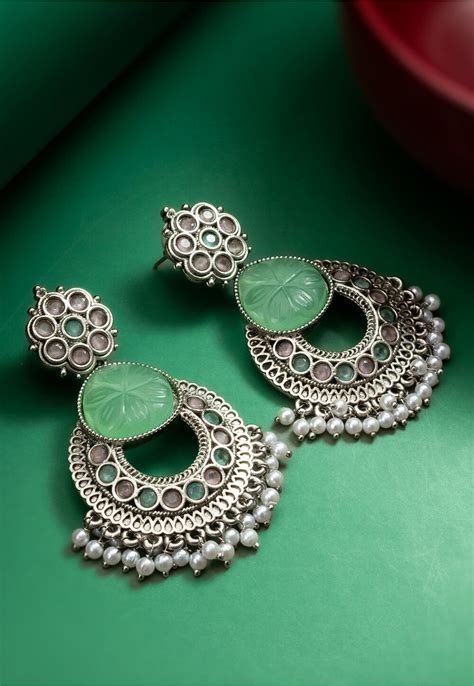 Buy Silver Look Alike Oxidised Stone Studded Chandbali Earrings Online