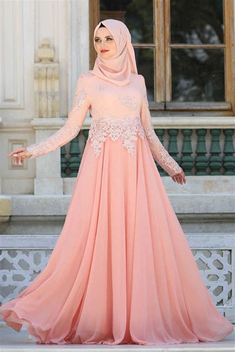 Neva Style Salmon Pink Hijab Evening Dress 7601smn Gaun Perempuan