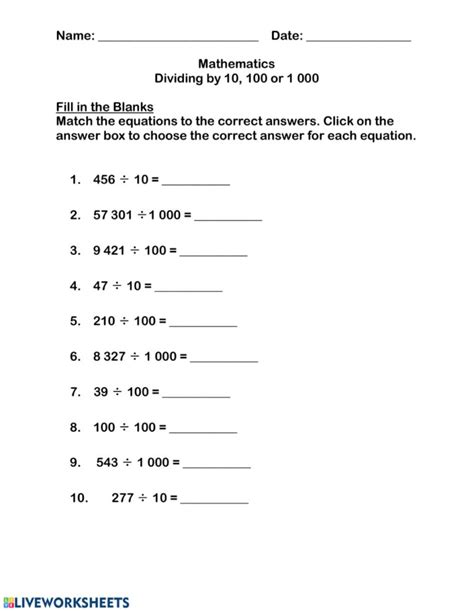 Divide Decimals By 10 100 And 1000 Worksheet